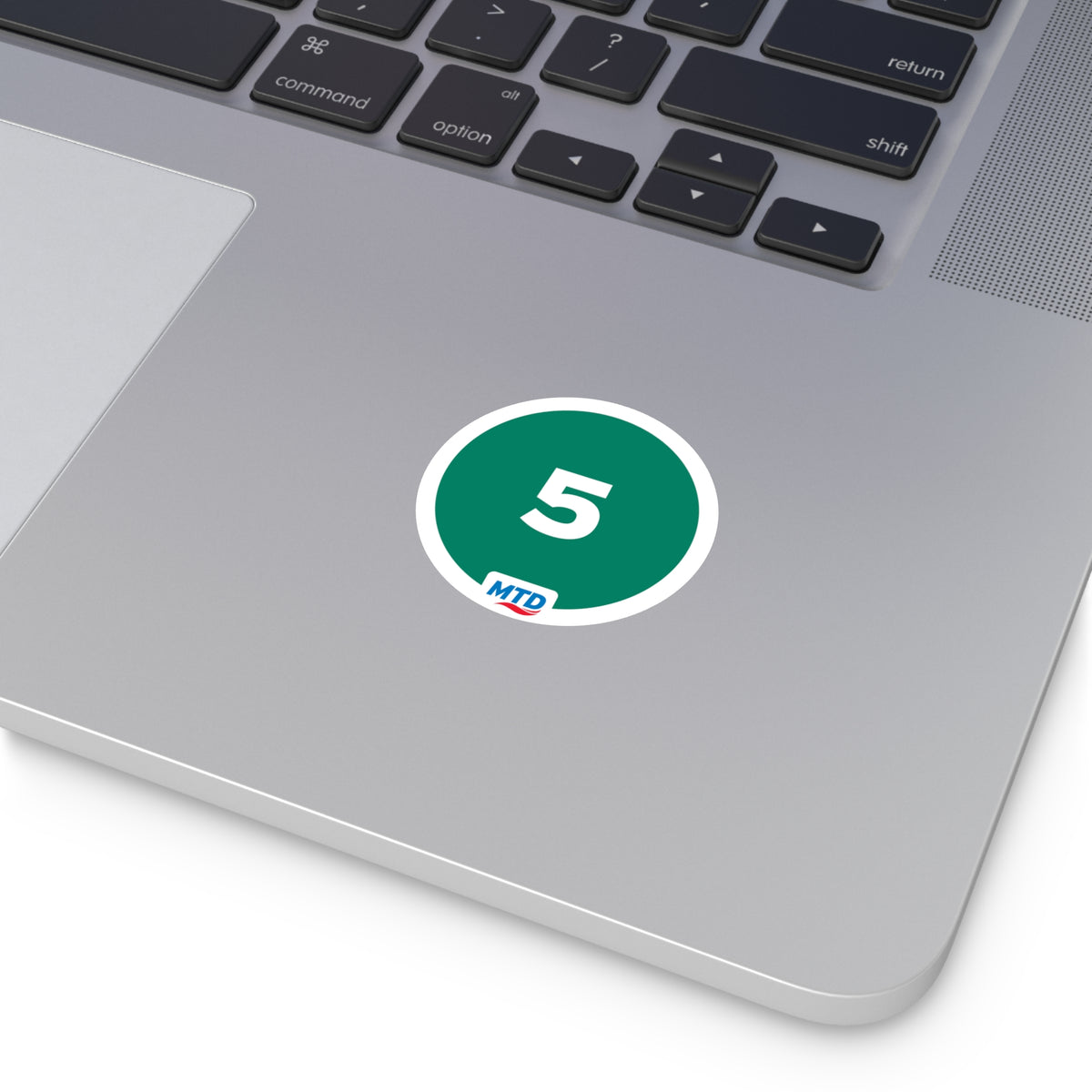 Circular vinyl sticker featuring the MTD Route 5 bubble in green with a bold route number and MTD logo.