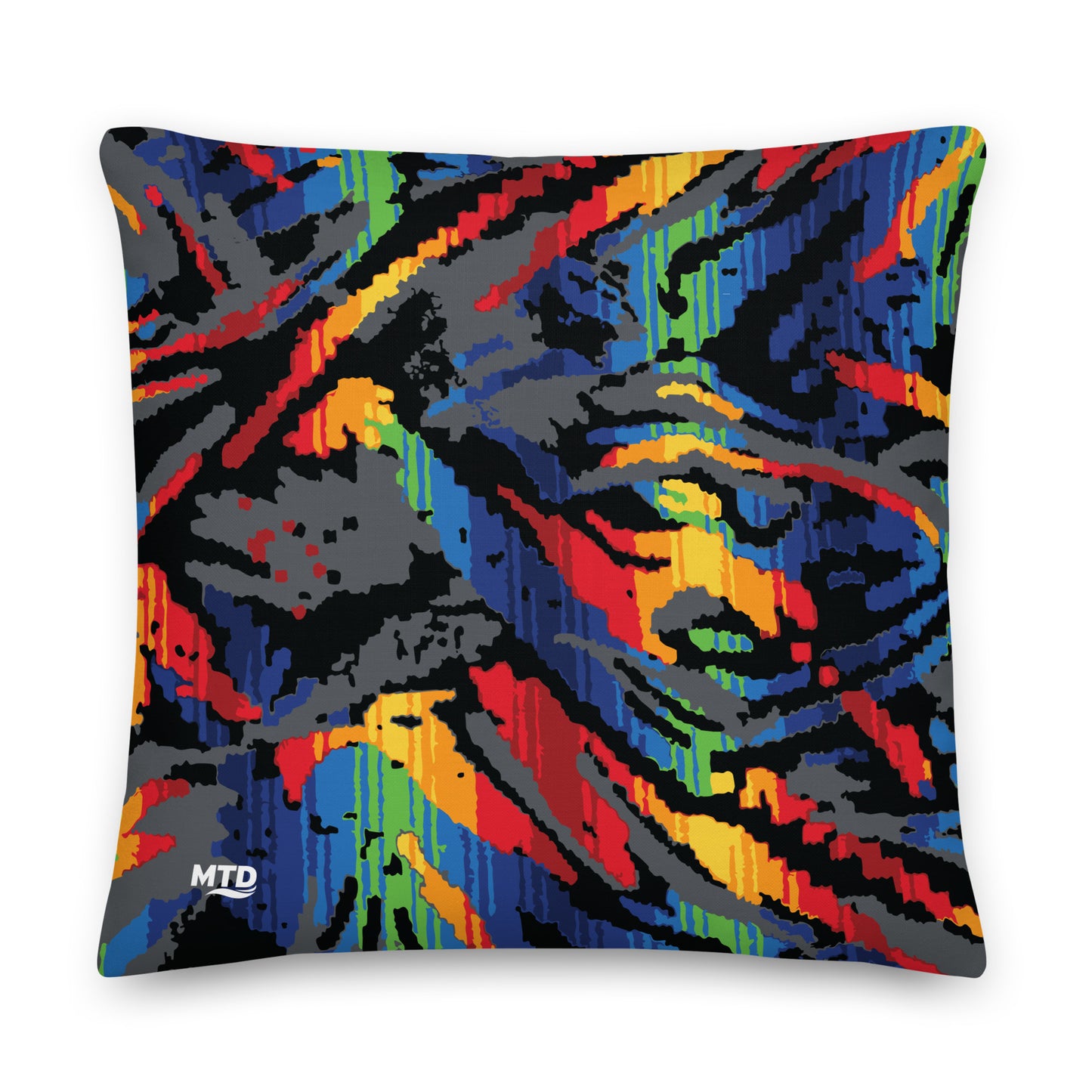 Square pillow with colorful MTD bus seat pattern.