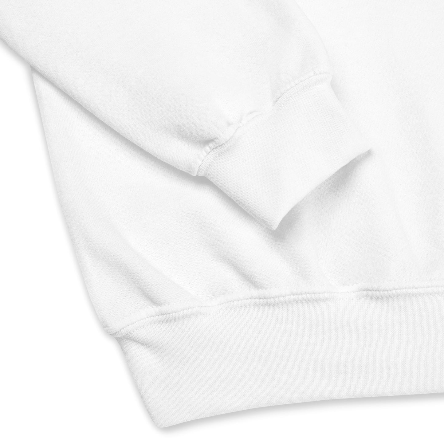 Sleeve and bottom cuff on a white crewneck sweatshirt.