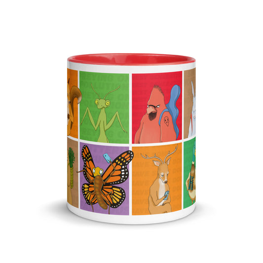 White ceramic mug with red handle featuring EKAH animal illustrations.