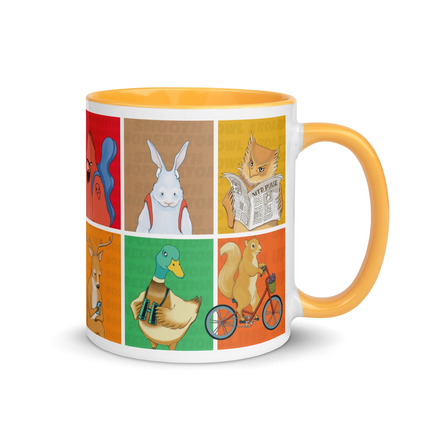 White ceramic mug with yellow handle featuring EKAH animal illustrations.