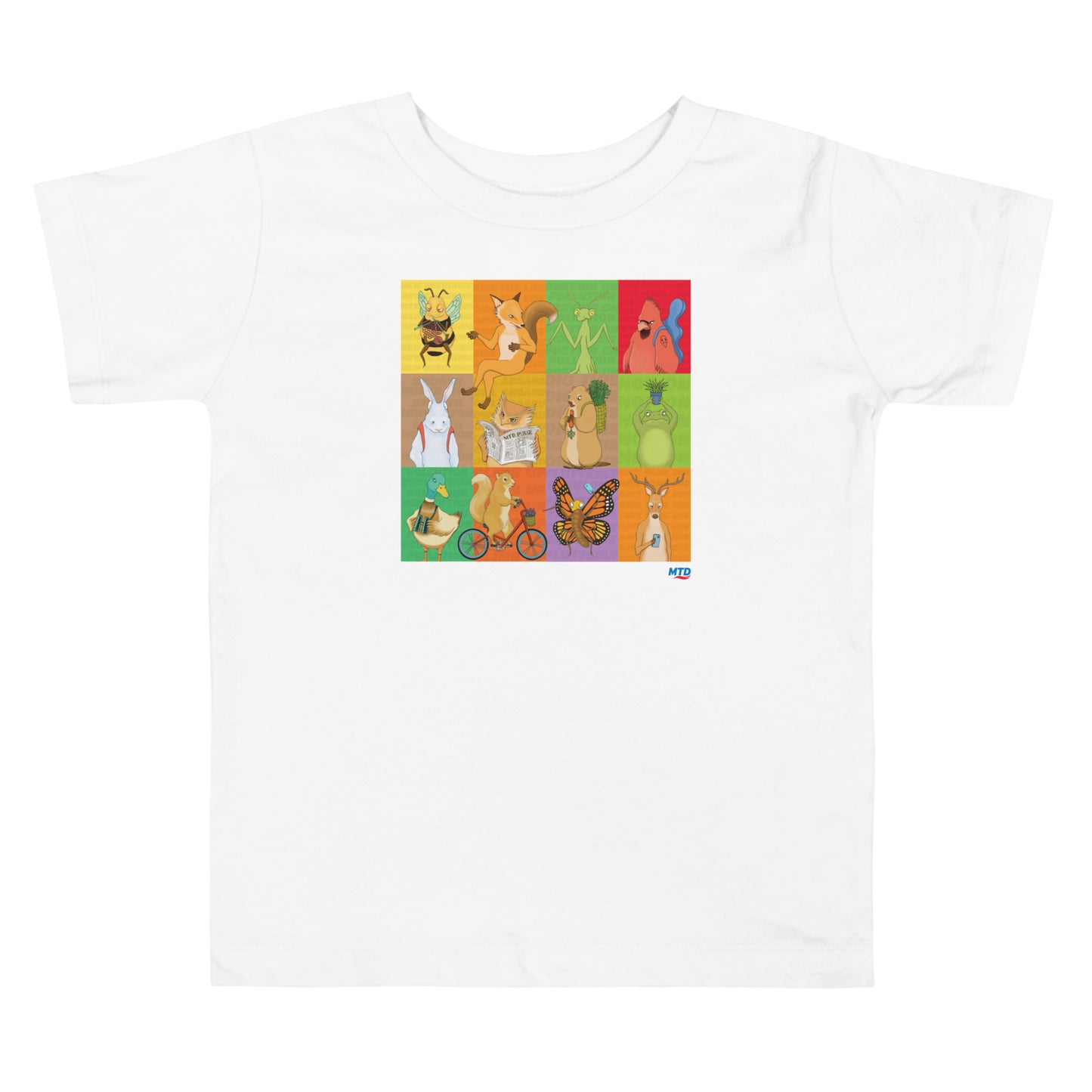 White toddler t-shirt printed with grid layout of EKAH’s illustrated animal designs.