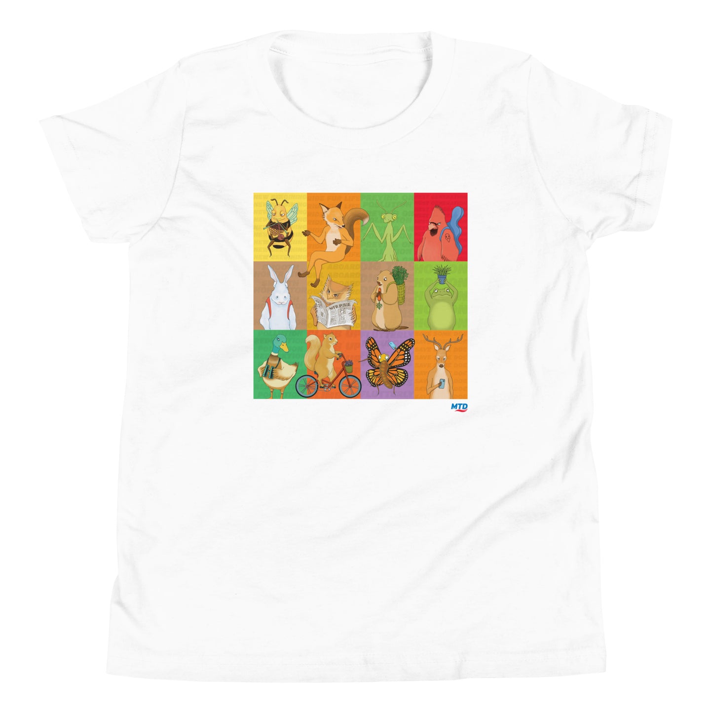 White youth t-shirt printed with grid layout of EKAH’s illustrated animal designs.