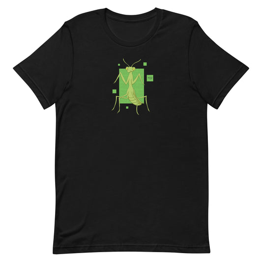 EKAH’s preying mantis illustration on a black t-shirt.