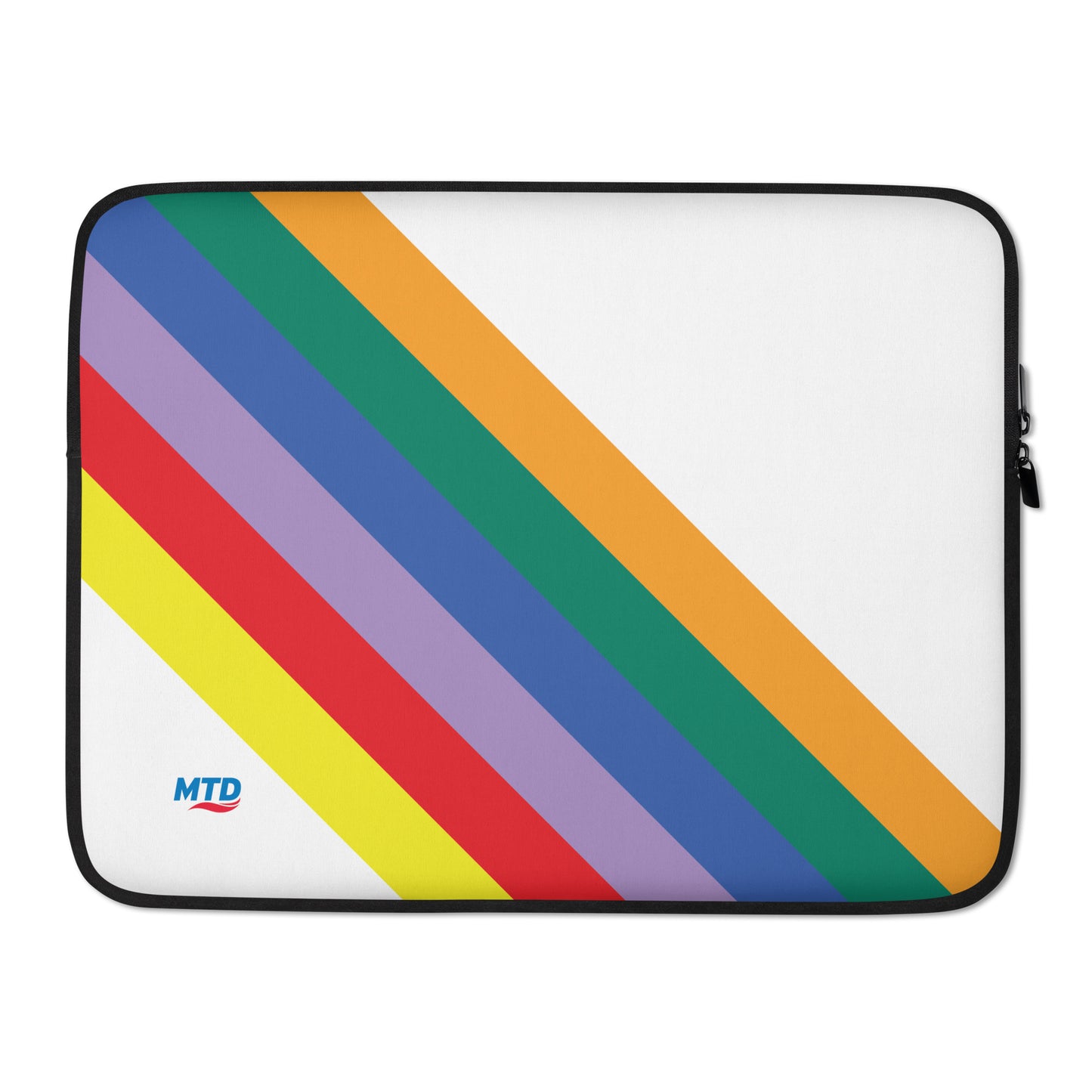 White laptop sleeve with six colored lines running diagonally in the lower corner.