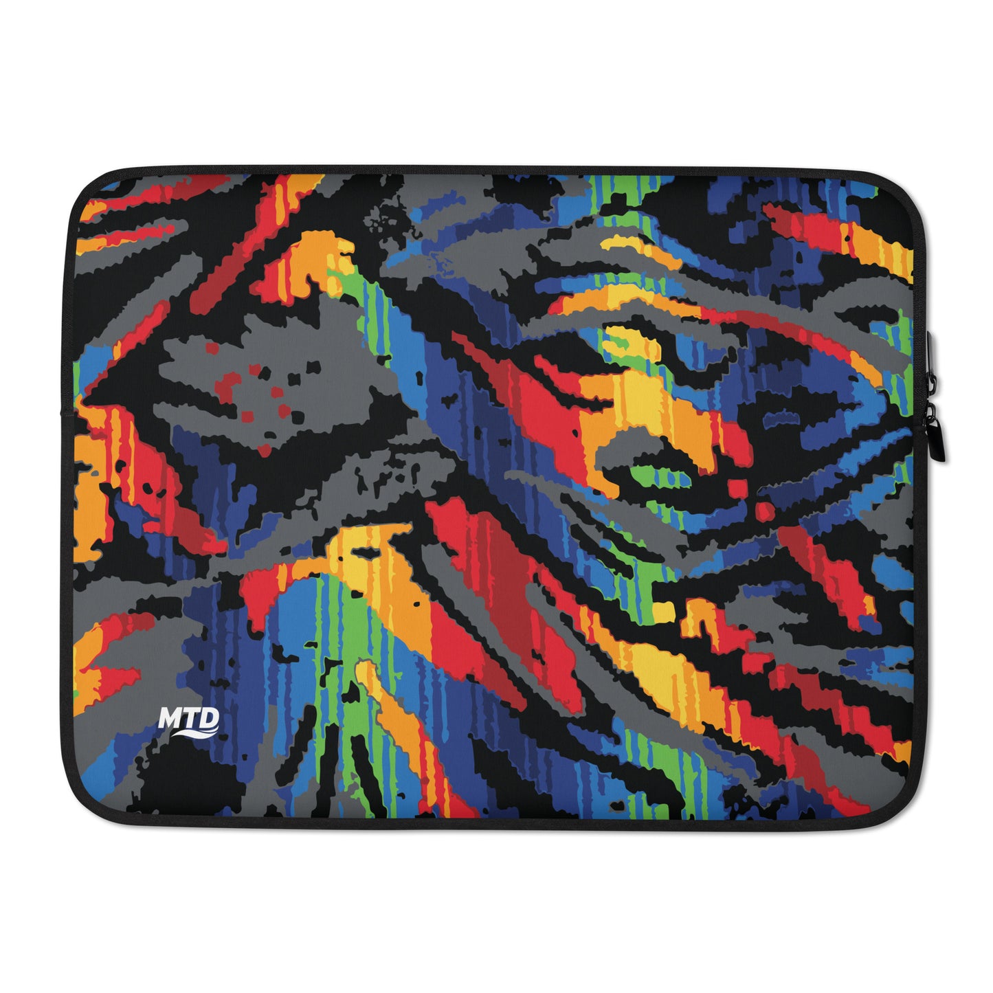 Laptop sleeve with colorful MTD bus seat pattern.