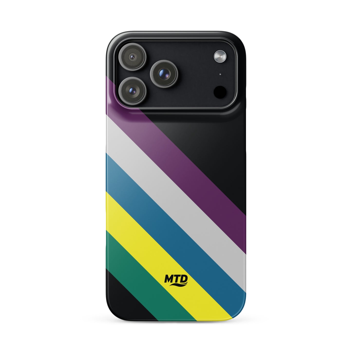 Black phone case with five colored lines running diagonally in the center.