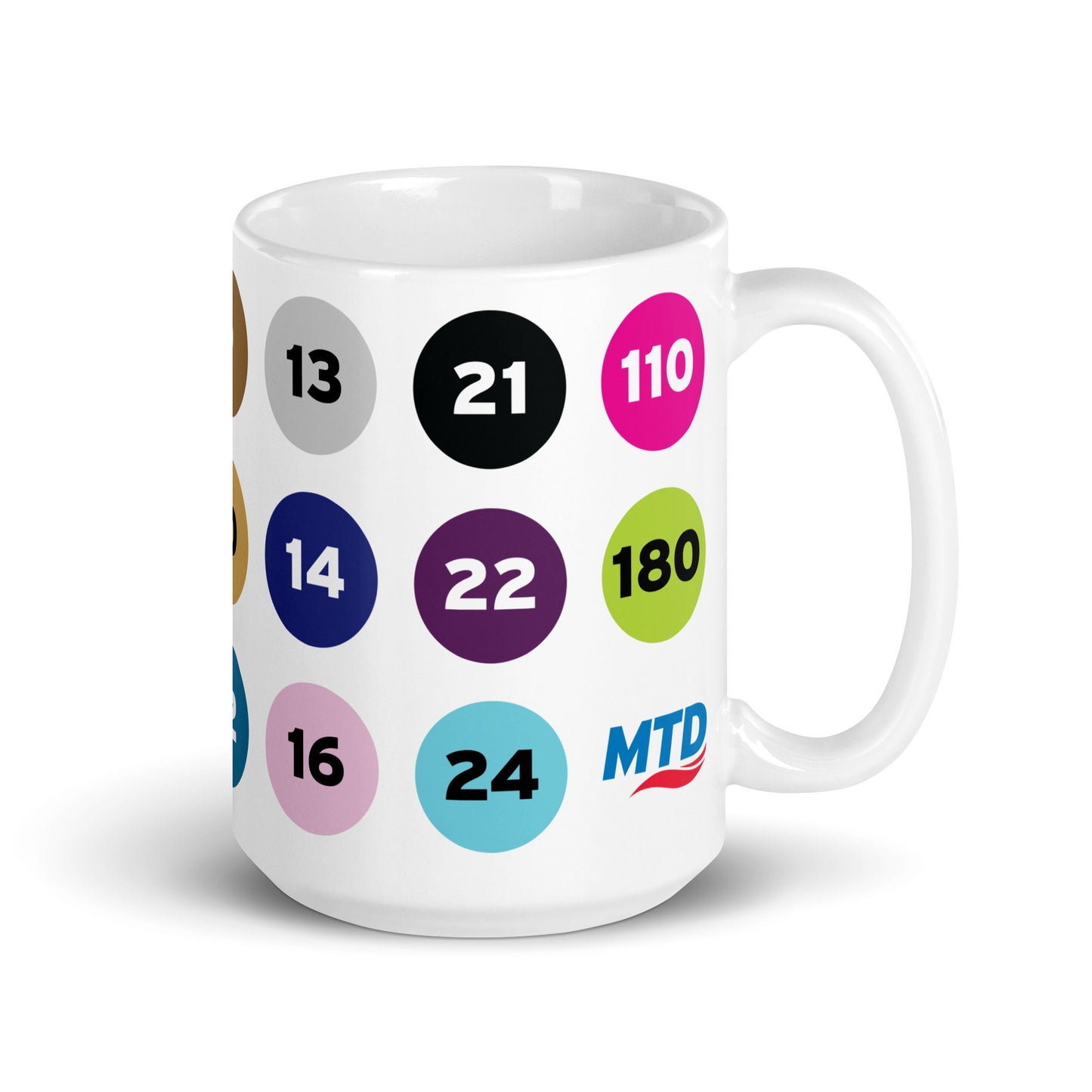MTD route numbers and colors on a white mug.