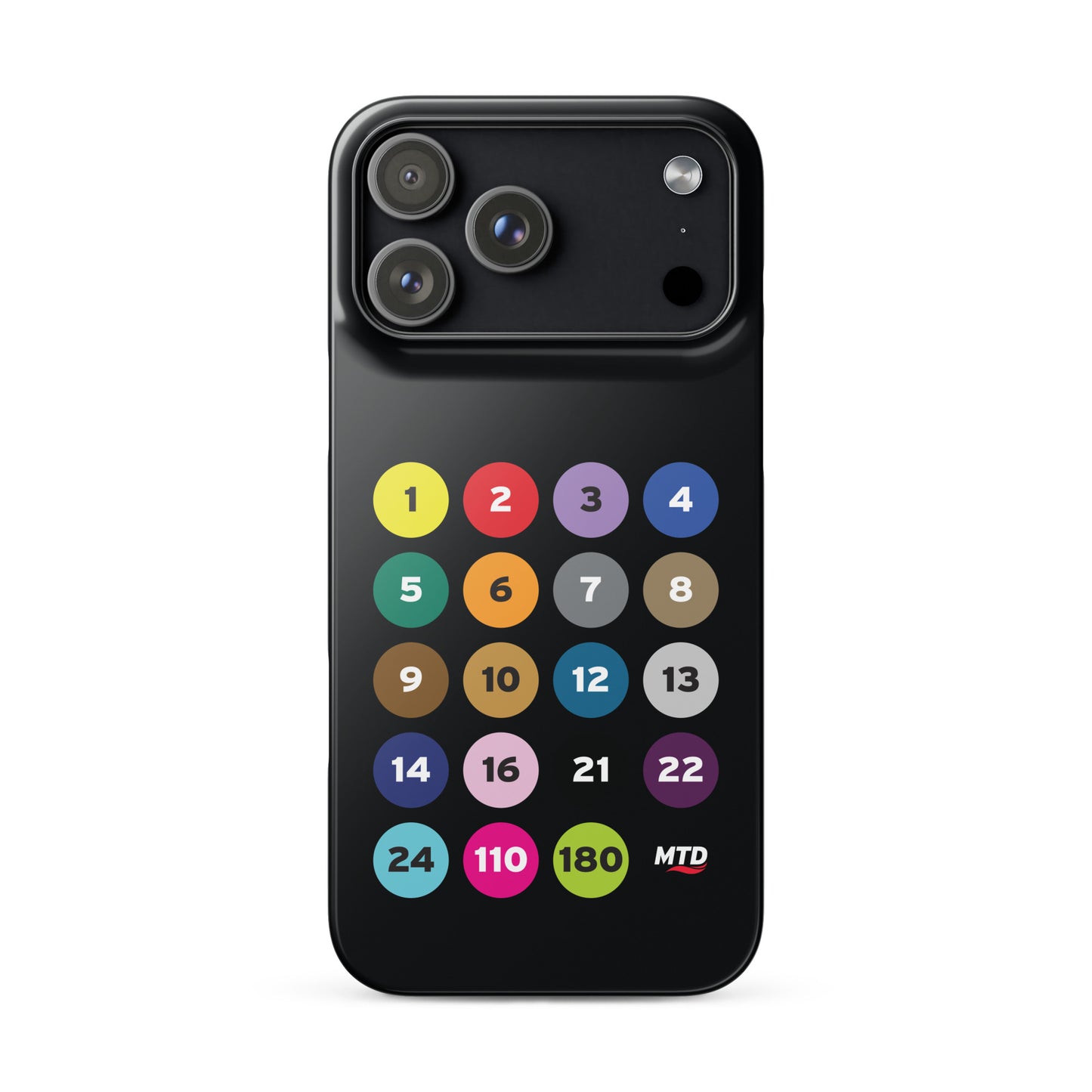 Black phone case with colorful circles and numbers representing MTD routes.