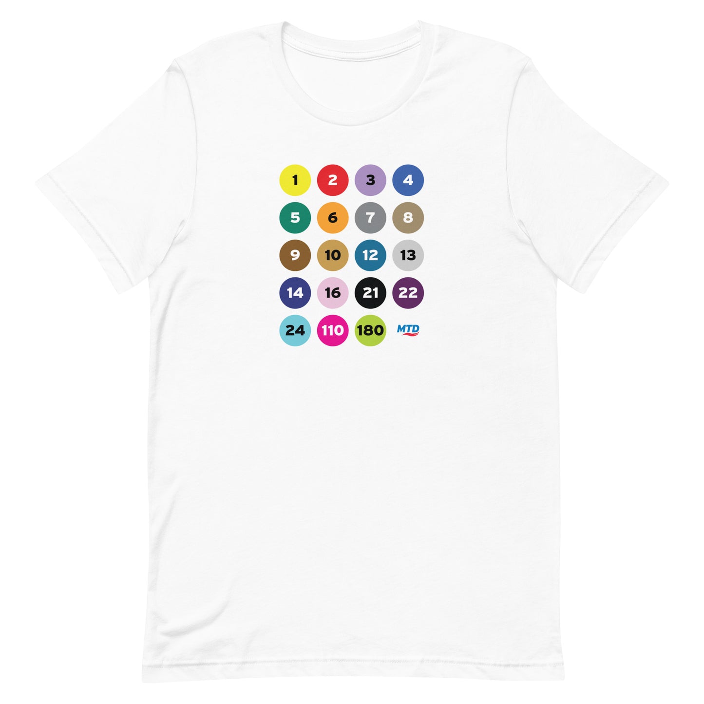 White t-shirt printed with colorful circles and numbers representing MTD routes.
