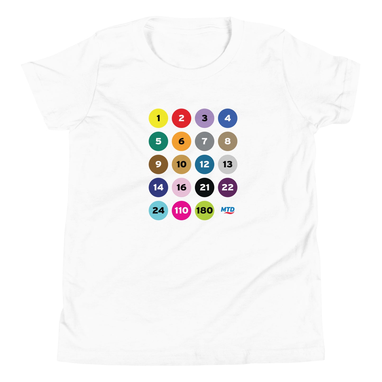 White youth t-shirt printed with colorful circles and numbers representing MTD routes.
