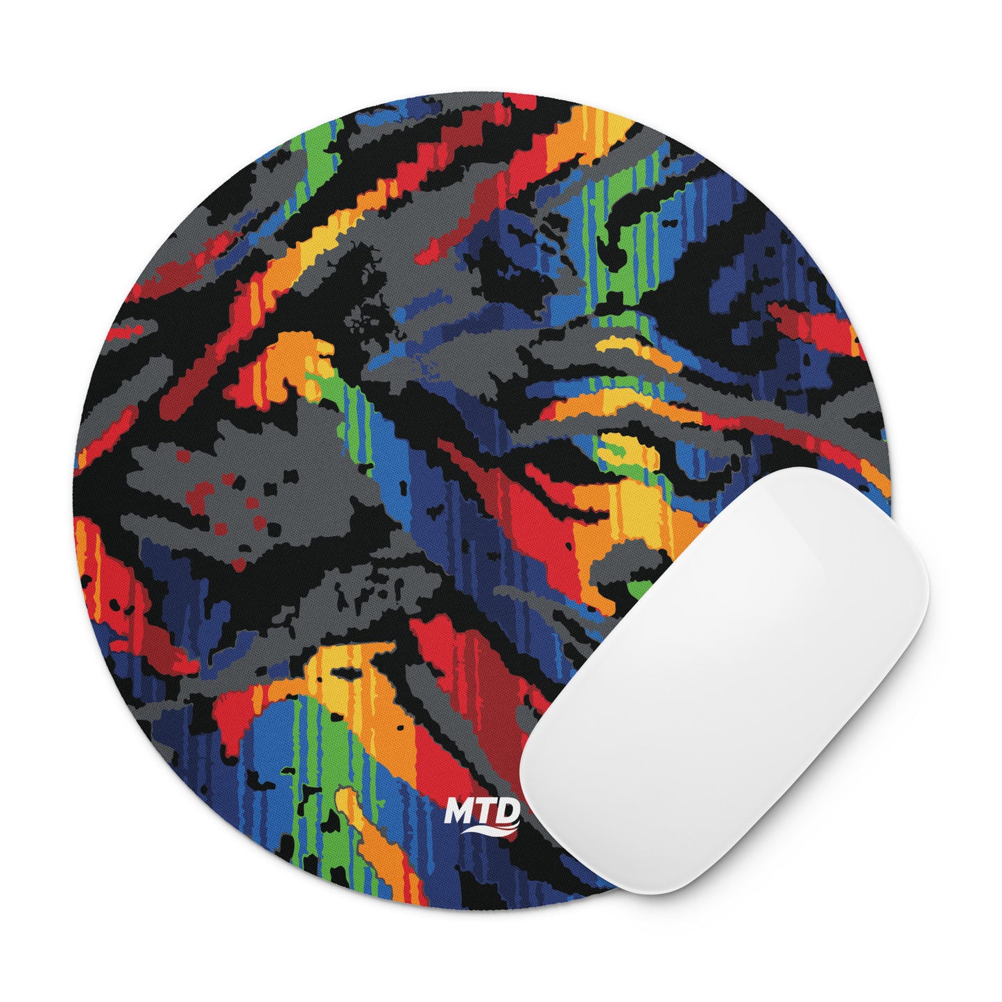Circular mouse pad with colorful MTD bus seat pattern.