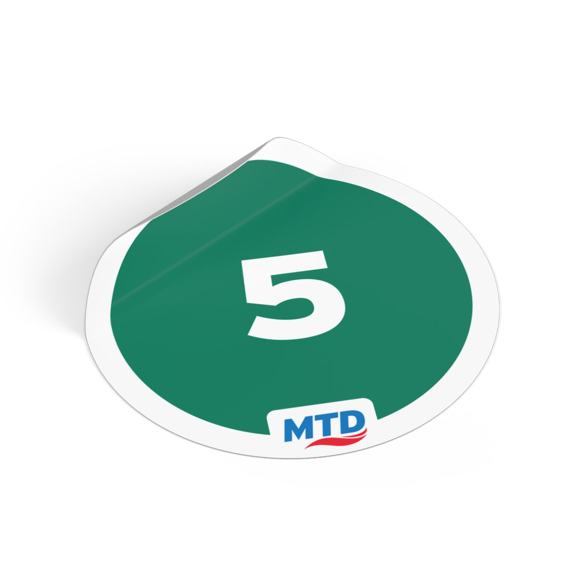 Circular vinyl sticker featuring the MTD Route 5 bubble in green with a bold route number and MTD logo.