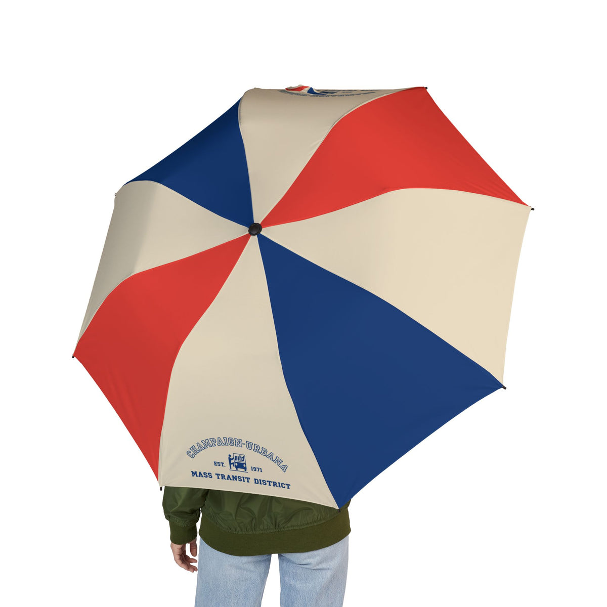 Retro-style umbrella featuring MTD's historic 1971 logo on an eight-panel canopy with vintage-inspired colors and branding.