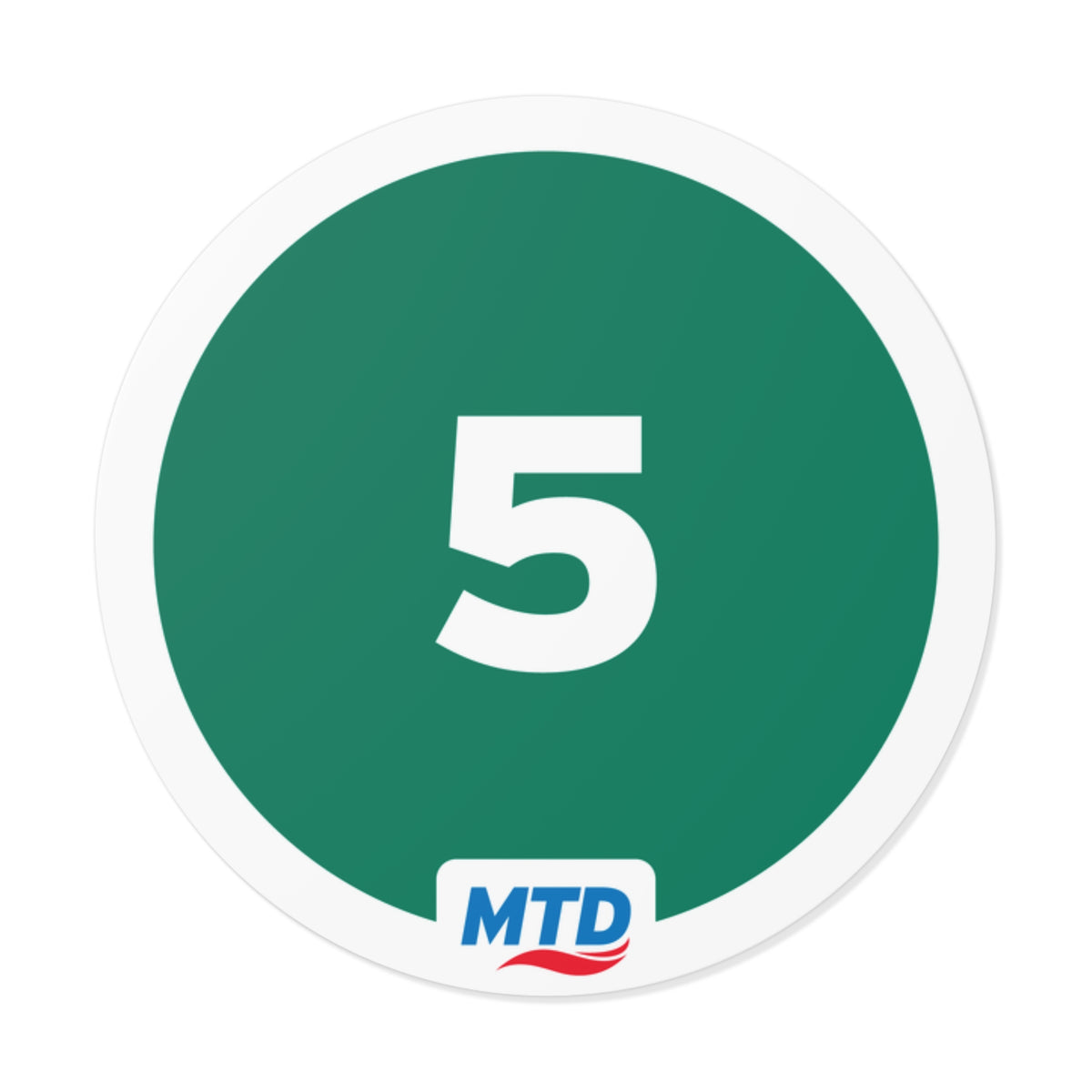 Circular vinyl sticker featuring the MTD Route 5 bubble in green with a bold route number and MTD logo.