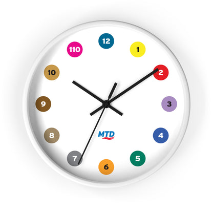 Primary Alt Text Round wall clock featuring colorful MTD route bubbles arranged as hour markers on a white clock face with the MTD logo in the center.
