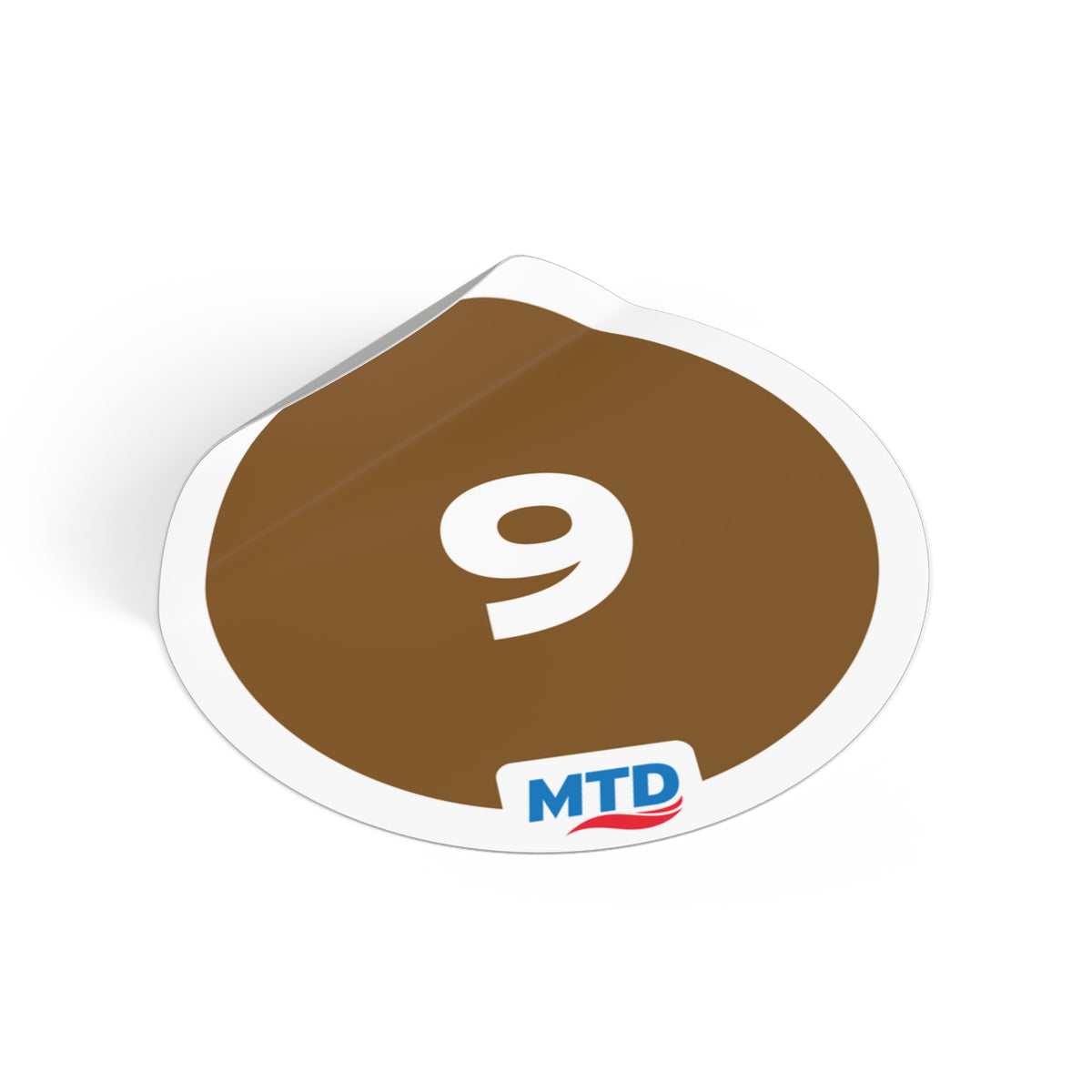 Circular vinyl sticker featuring the MTD Route 9 bubble in brown with a bold route number and MTD logo.