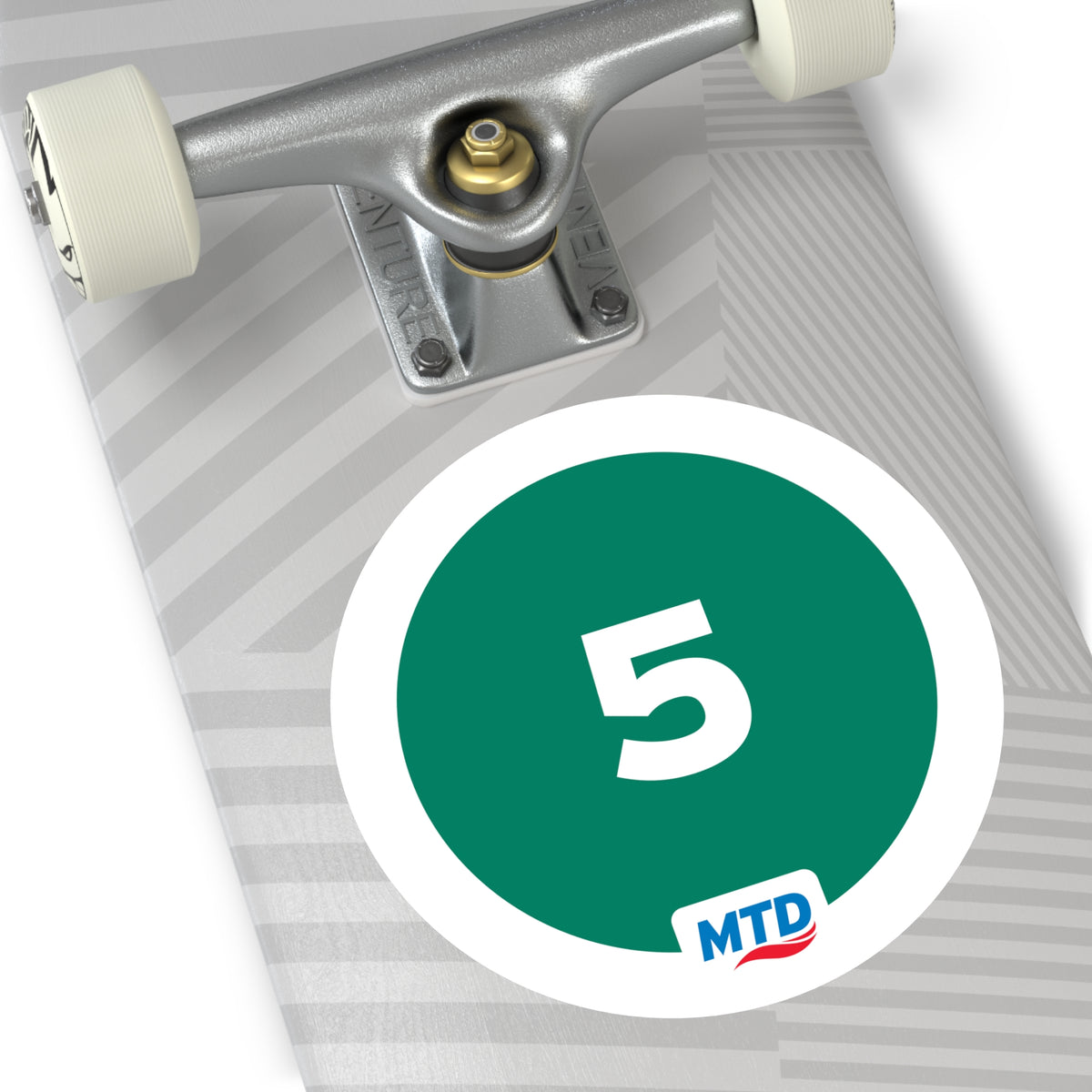 Circular vinyl sticker featuring the MTD Route 5 bubble in green with a bold route number and MTD logo.