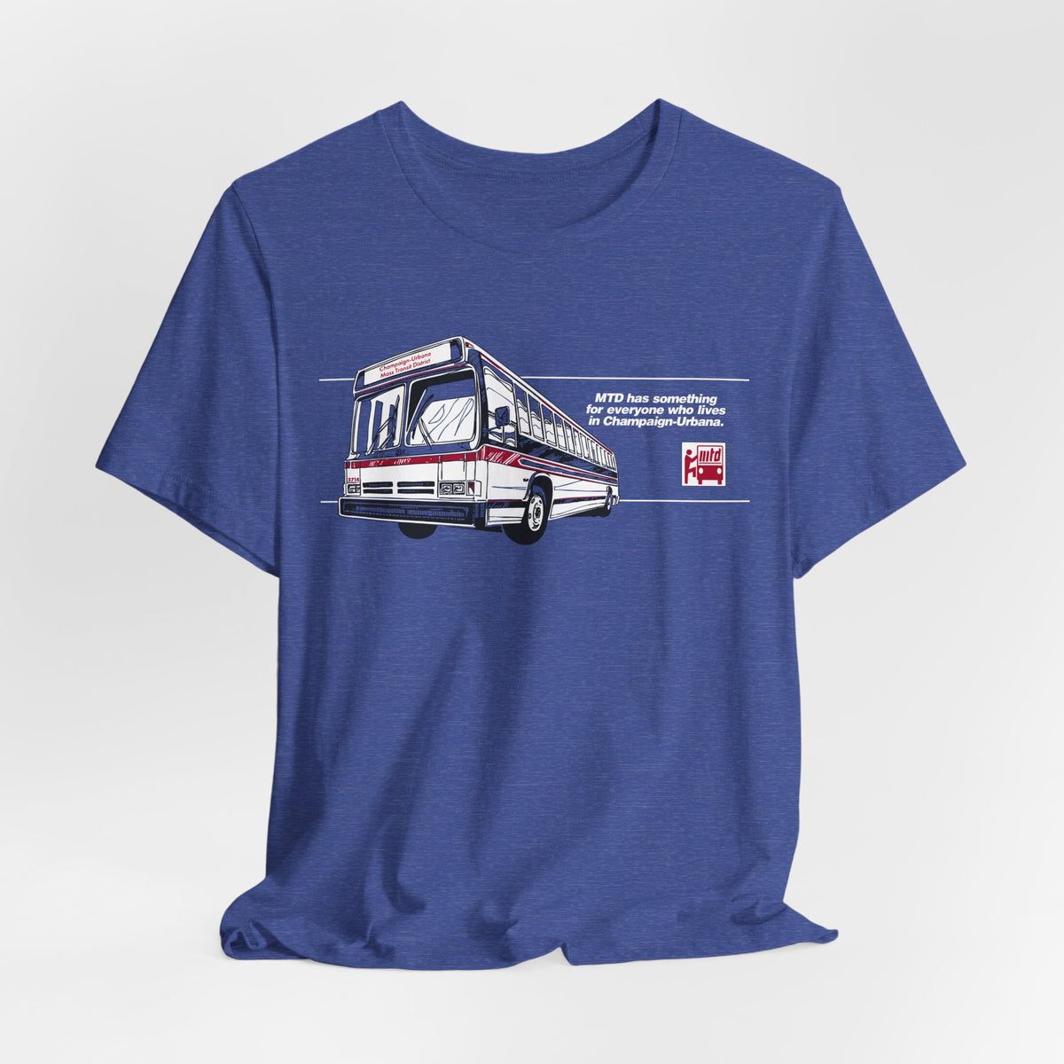 Vintage-inspired MTD Time Machine T-shirt featuring a classic MTD bus illustration and retro transit graphics on the front.
