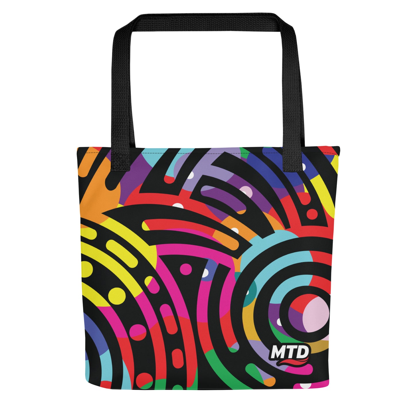 Flat tote bag with EKAH’s mural design and black handles.