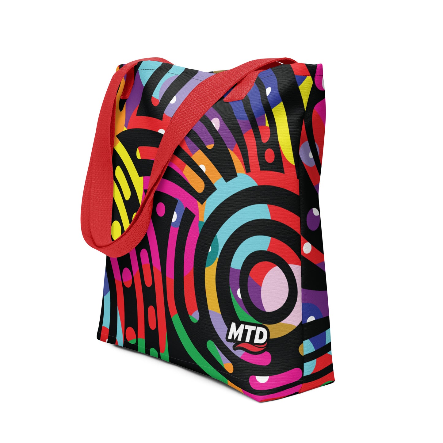 Tote bag with EKAH’s mural design and red handles.