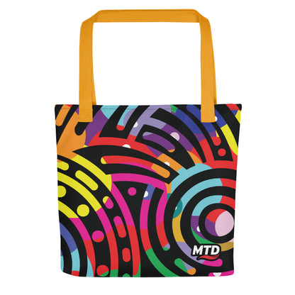 Flat tote bag with EKAH’s mural design and yellow handles.