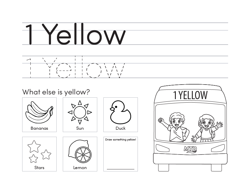 A children’s educational coloring page featuring a bus and yellow objects like bananas and a rubber duck.