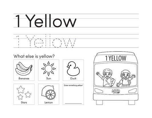 A children’s educational coloring page featuring a bus and yellow objects like bananas and a rubber duck.