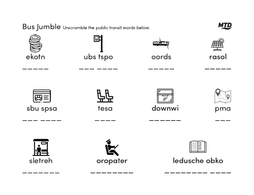 A "Bus Jumble" worksheet with transit-themed word puzzles and icons.