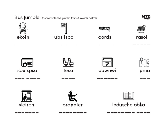 A "Bus Jumble" worksheet with transit-themed word puzzles and icons.