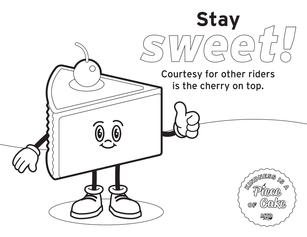Coloring sheet featuring a cherry-topped cake character with the message "Stay sweet! Courtesy for other riders is the cherry on top."