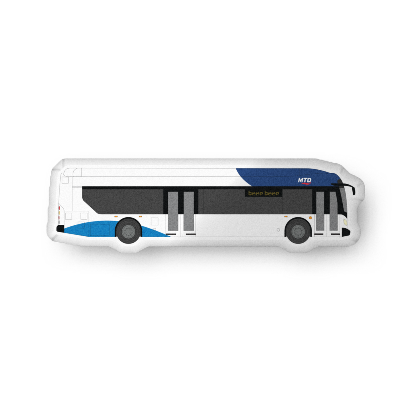 Plush pillow shaped like an MTD bus with a headsign displaying, “Beep Beep.”