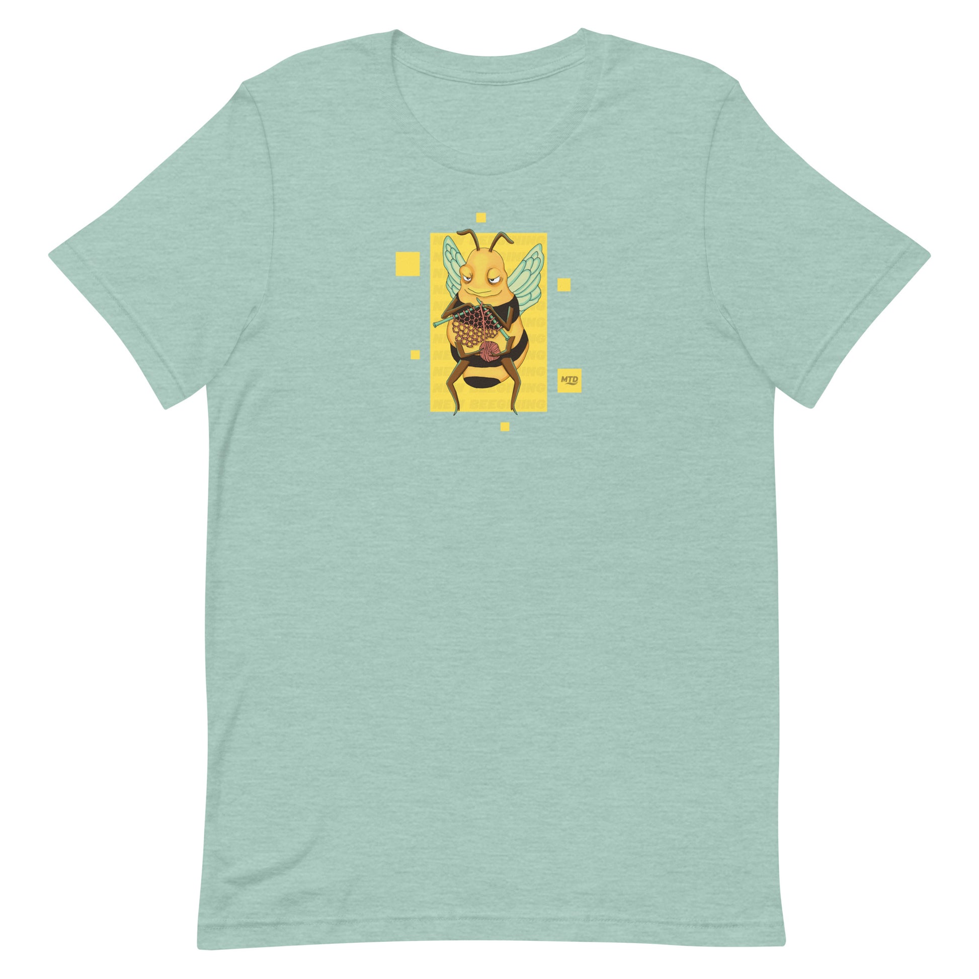 EKAH’s bee illustration on a light blue t-shirt.