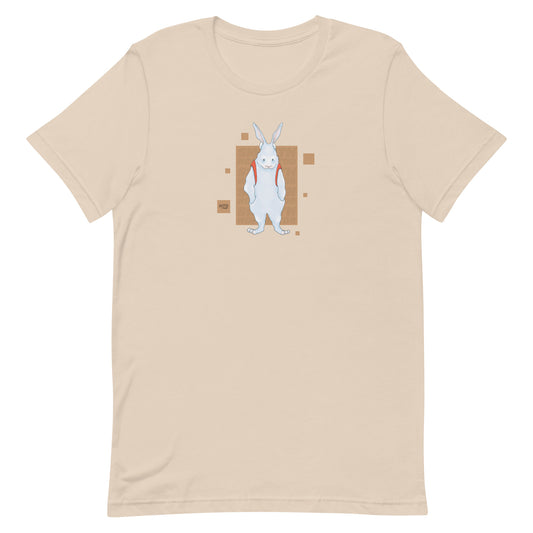 EKAH’s bunny illustration on a tan t-shirt.