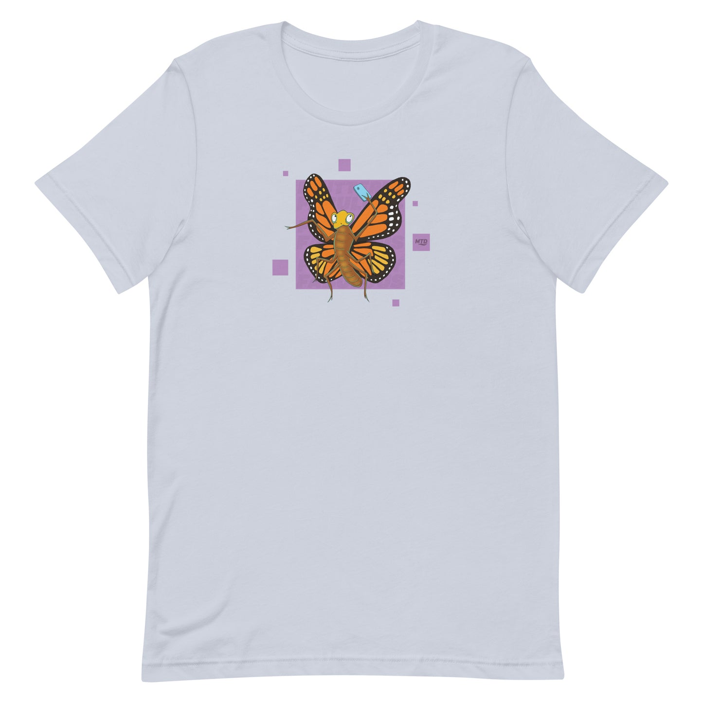 EKAH’s butterfly illustration on a light blue t-shirt.