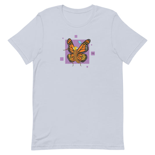 EKAH’s butterfly illustration on a light blue t-shirt.