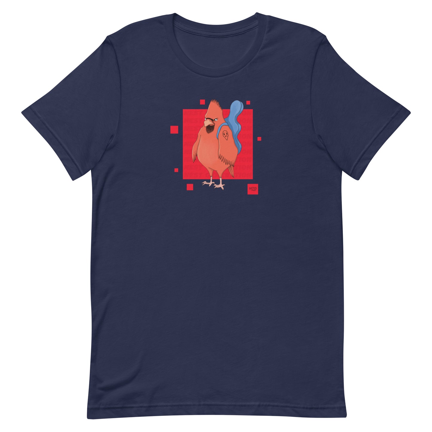 EKAH’s cardinal illustration on a dark blue t-shirt.
