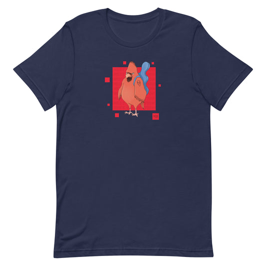 EKAH’s cardinal illustration on a dark blue t-shirt.