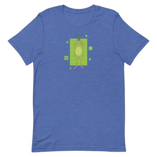 EKAH’s frog illustration on a blue t-shirt.