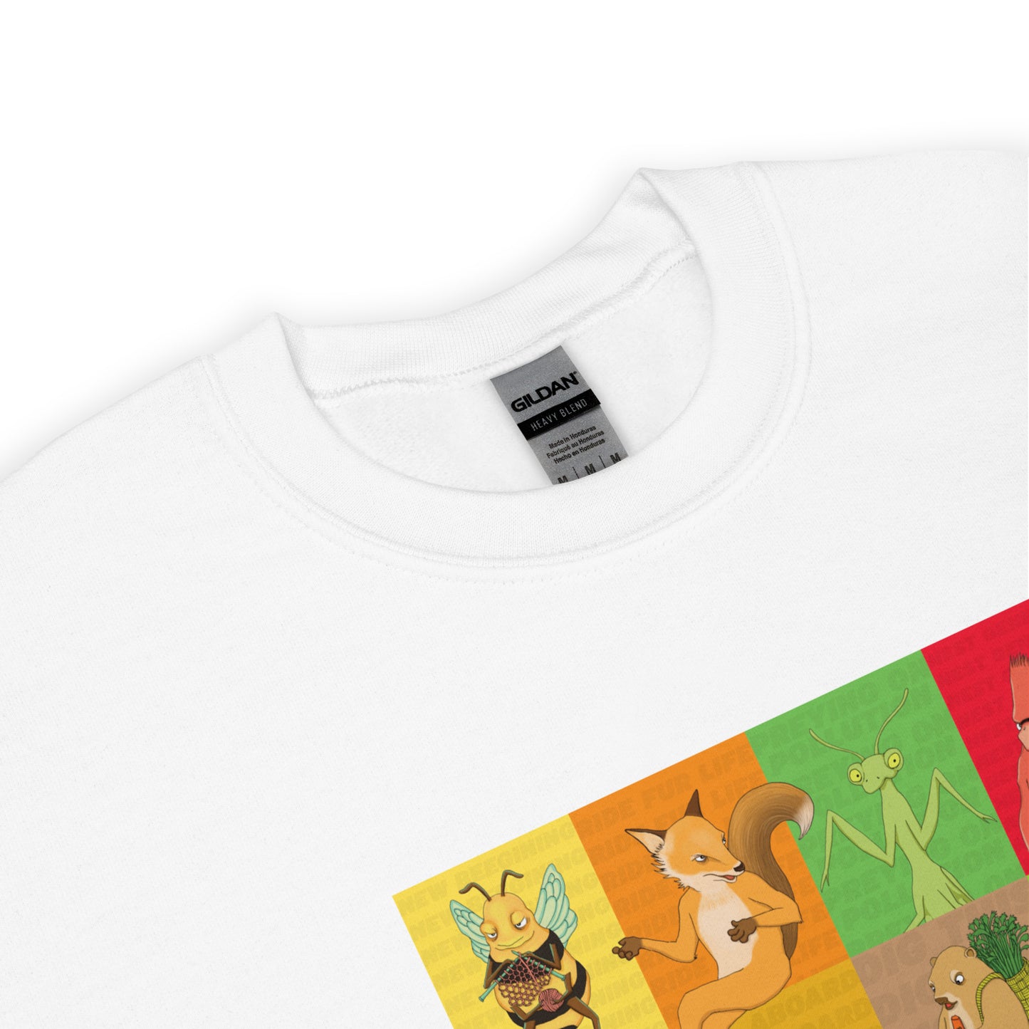 Neckline on a white crewneck sweatshirt.