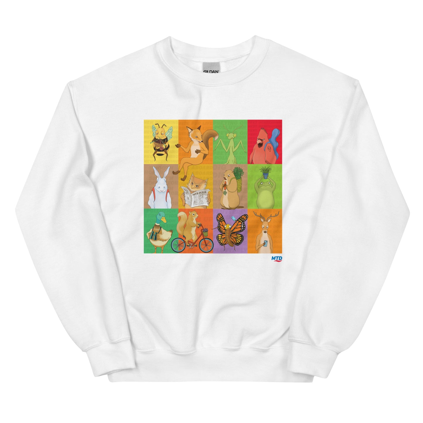 White crewneck sweatshirt featuring EKAH's illustrated animal designs.