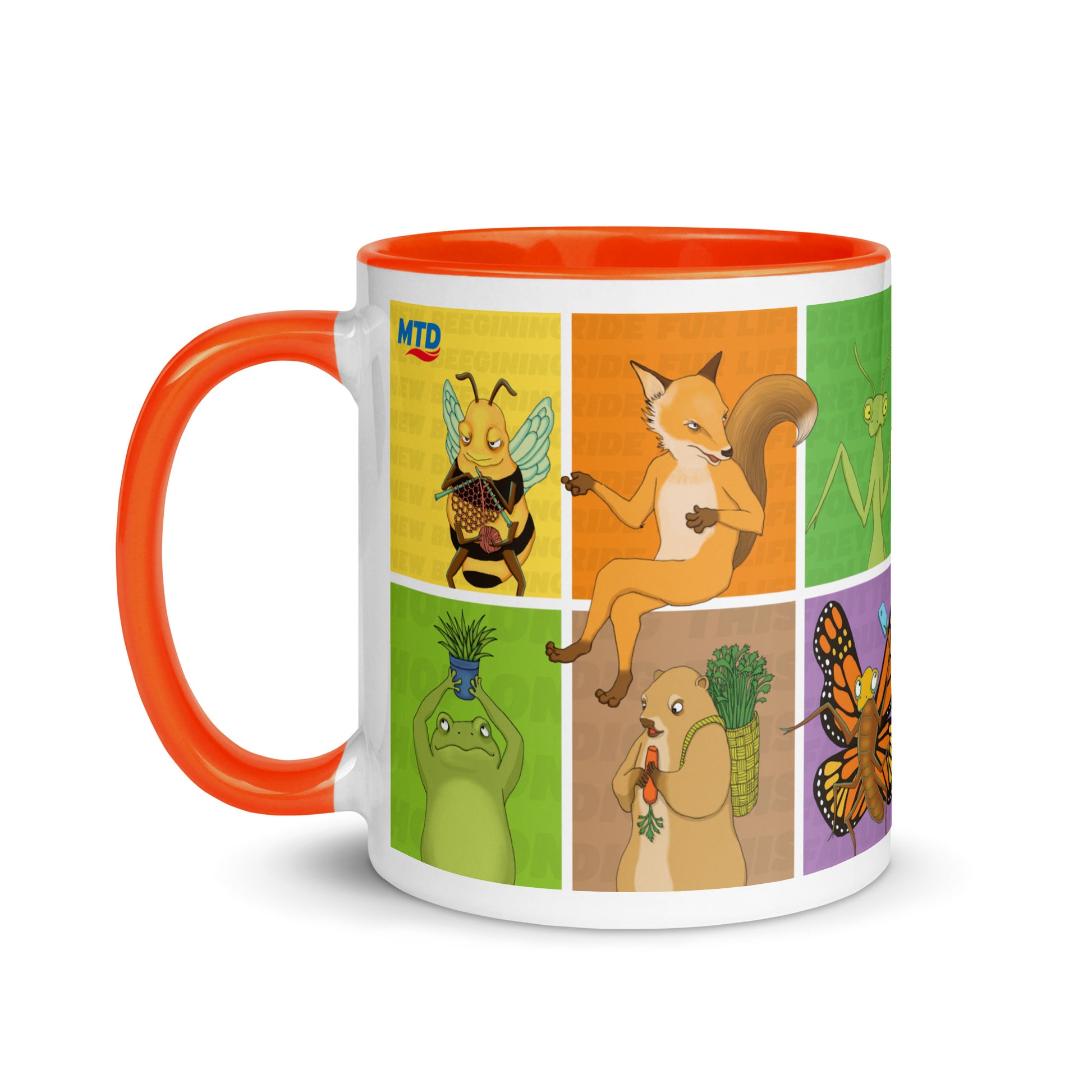 White ceramic mug with orange handle featuring EKAH animal illustrations. 