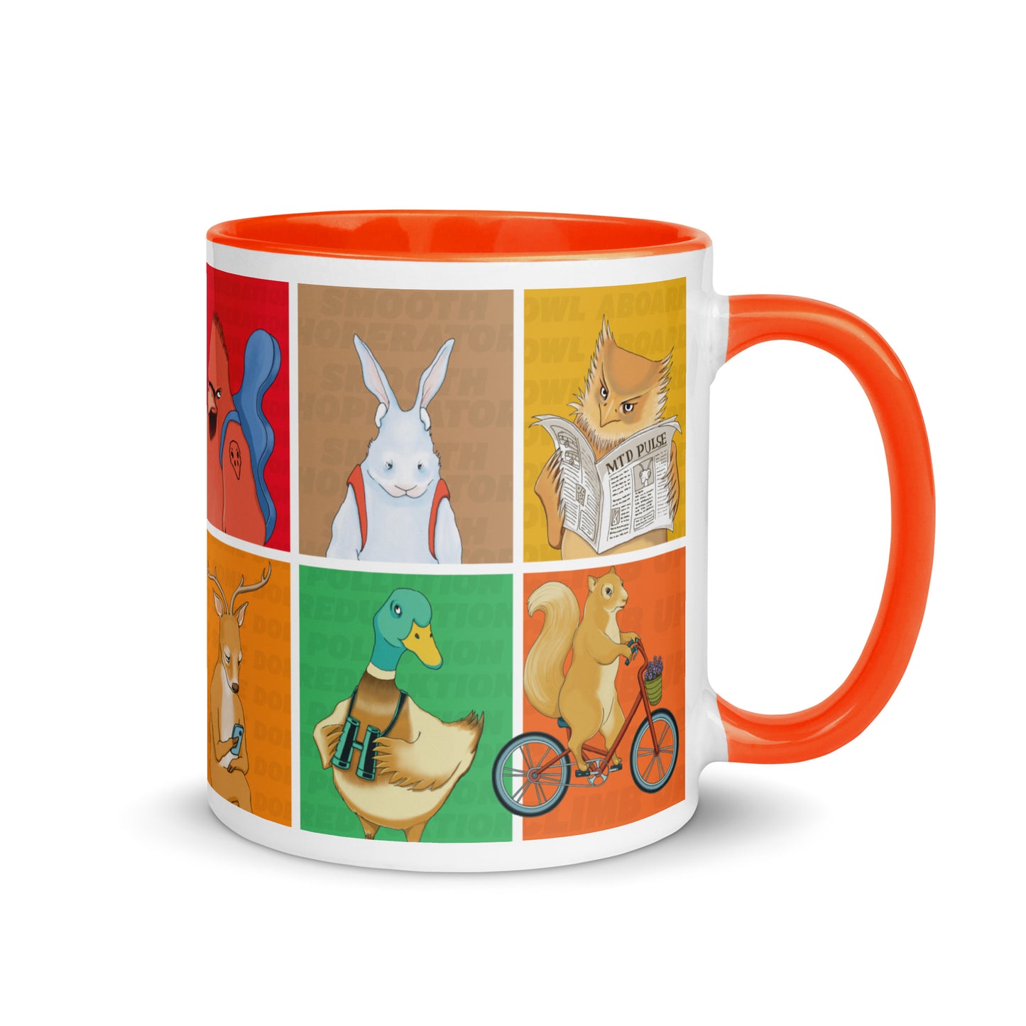 White ceramic mug with orange handle featuring EKAH animal illustrations. 
