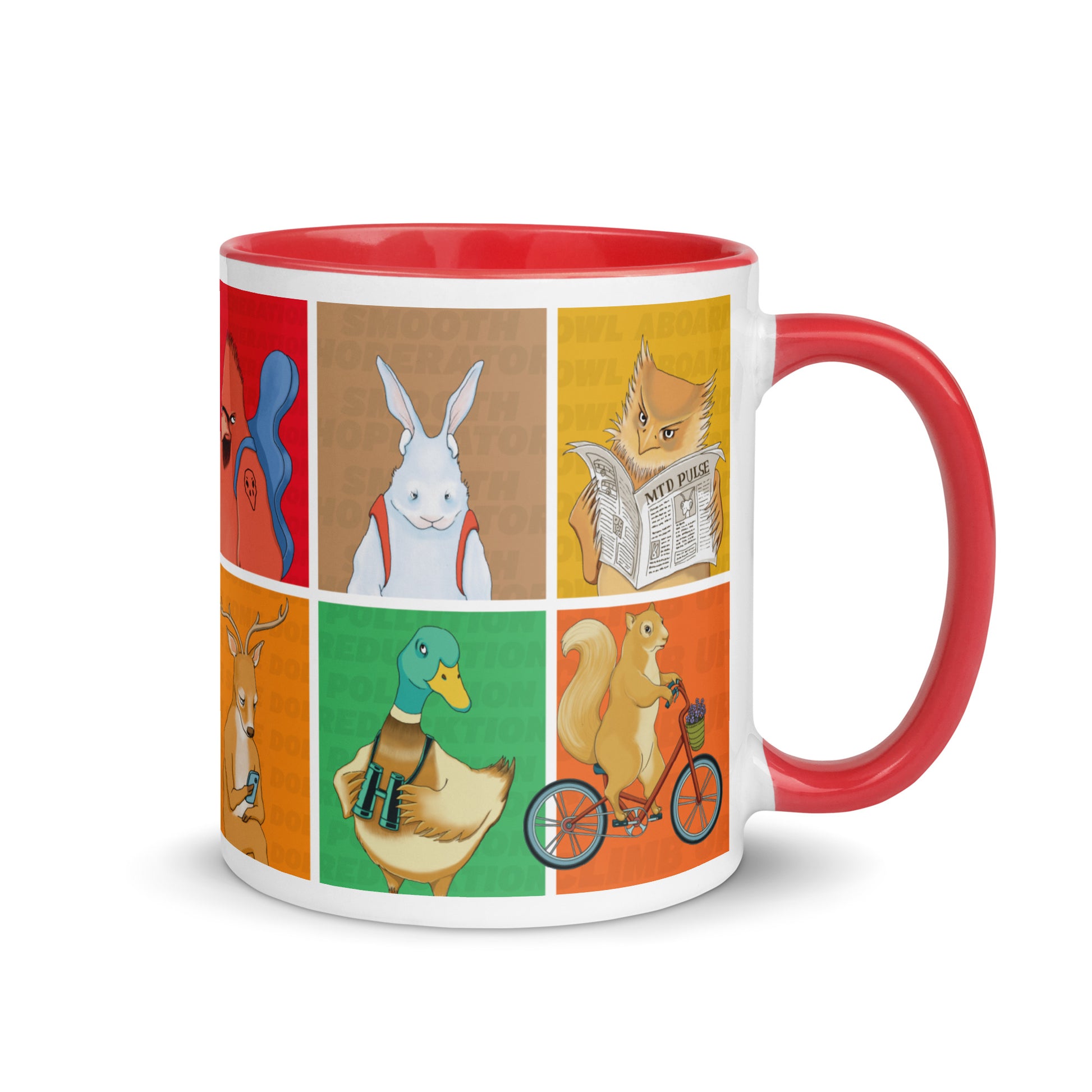 White ceramic mug with red handle featuring EKAH animal illustrations. 