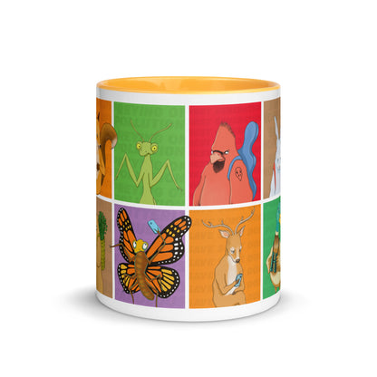 White ceramic mug with yellow handle featuring EKAH animal illustrations. 