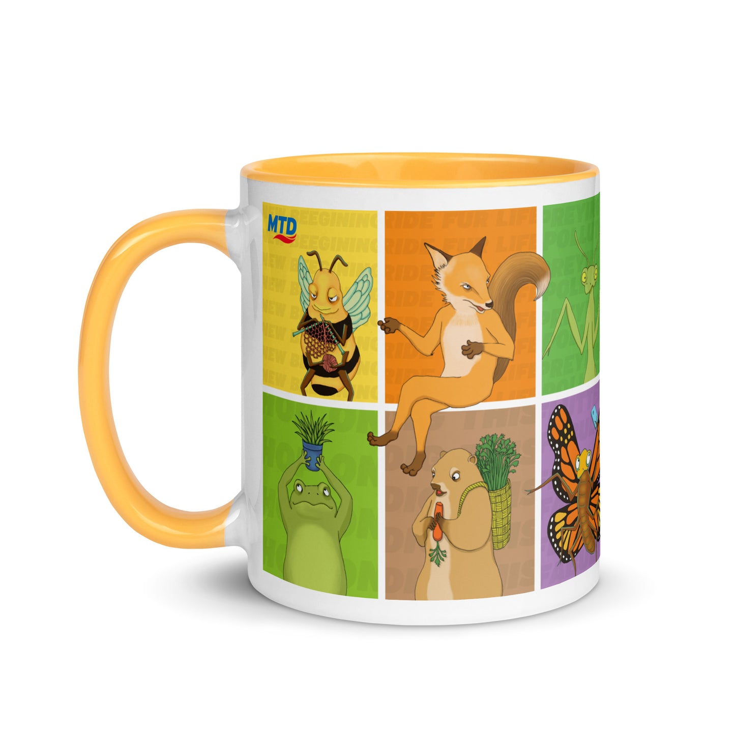 White ceramic mug with yellow handle featuring EKAH animal illustrations. 