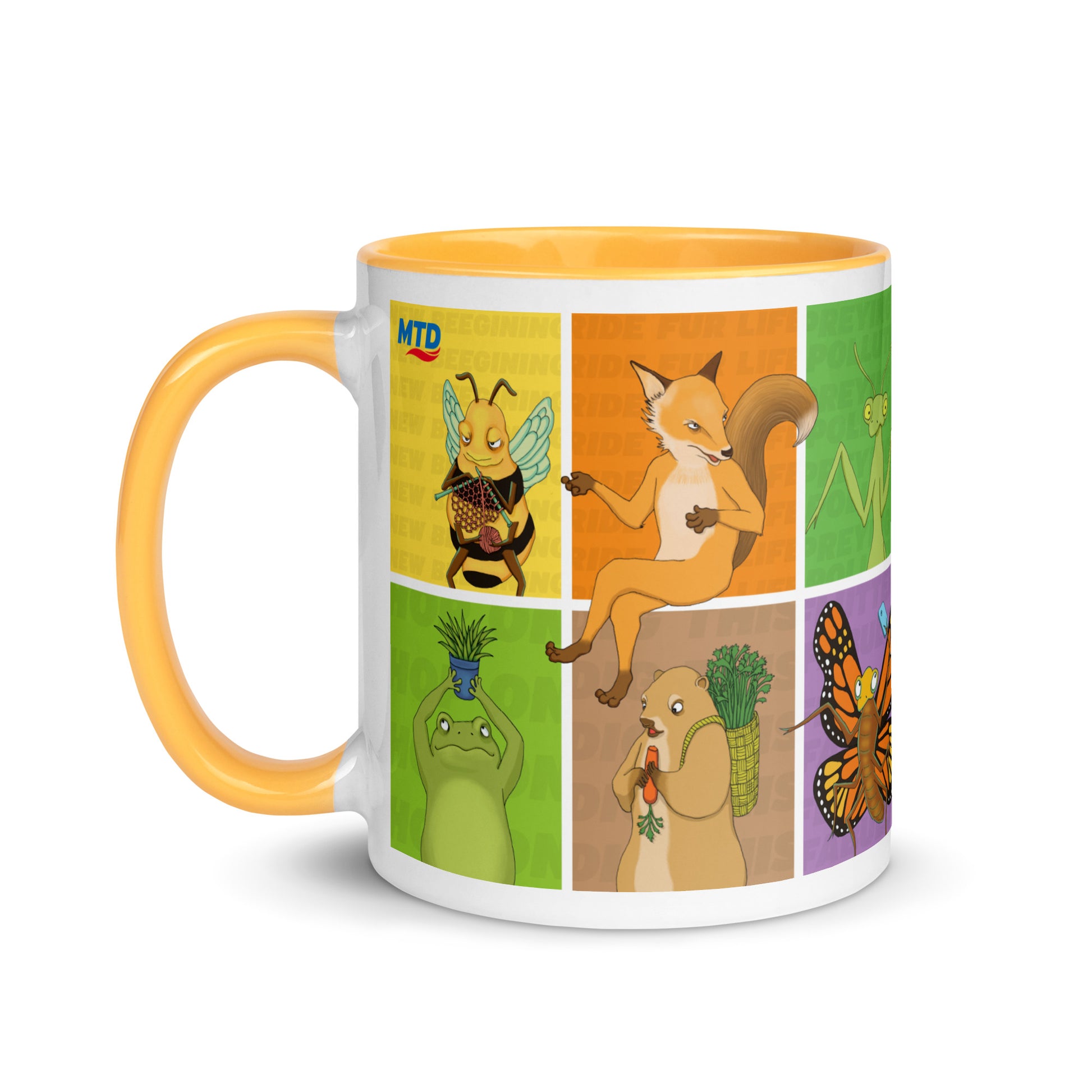 White ceramic mug with yellow handle featuring EKAH animal illustrations. 