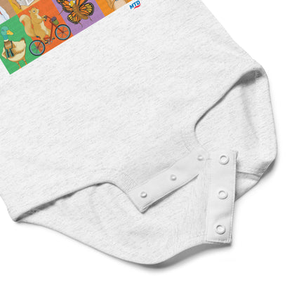 Snap closure on white baby onesie.