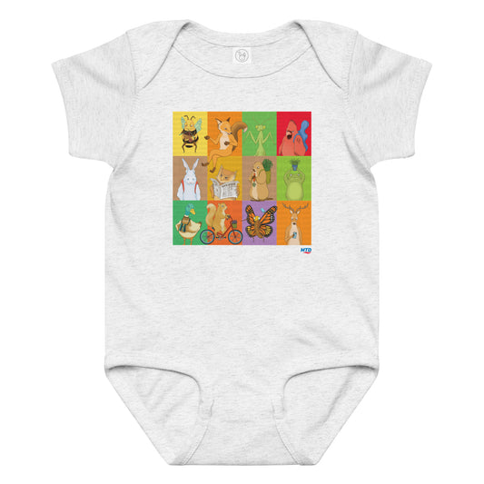 White baby onesie printed with grid layout of EKAH’s illustrated animal designs. 