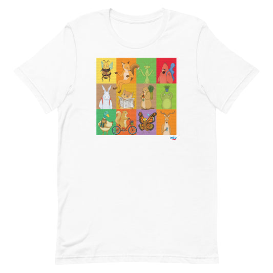 White t-shirt printed with grid layout of EKAH’s illustrated animal designs.
